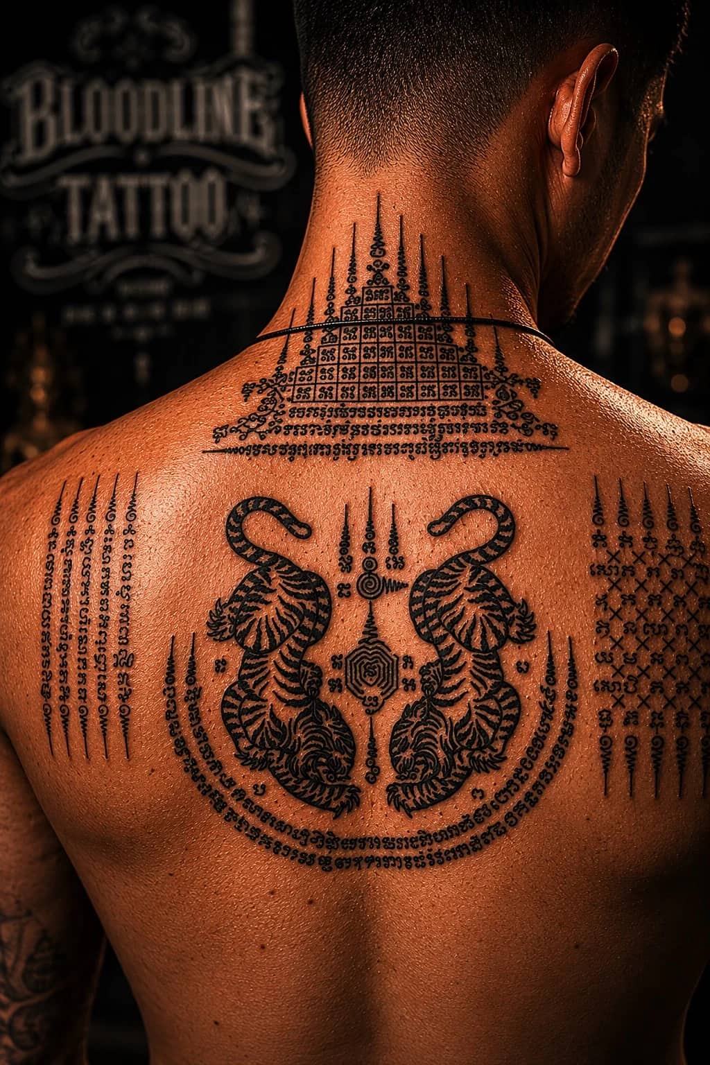 Gao Yord and Suea Koo twin-tigers Sak Yant on the back at Bloodline Tattoo Phuket