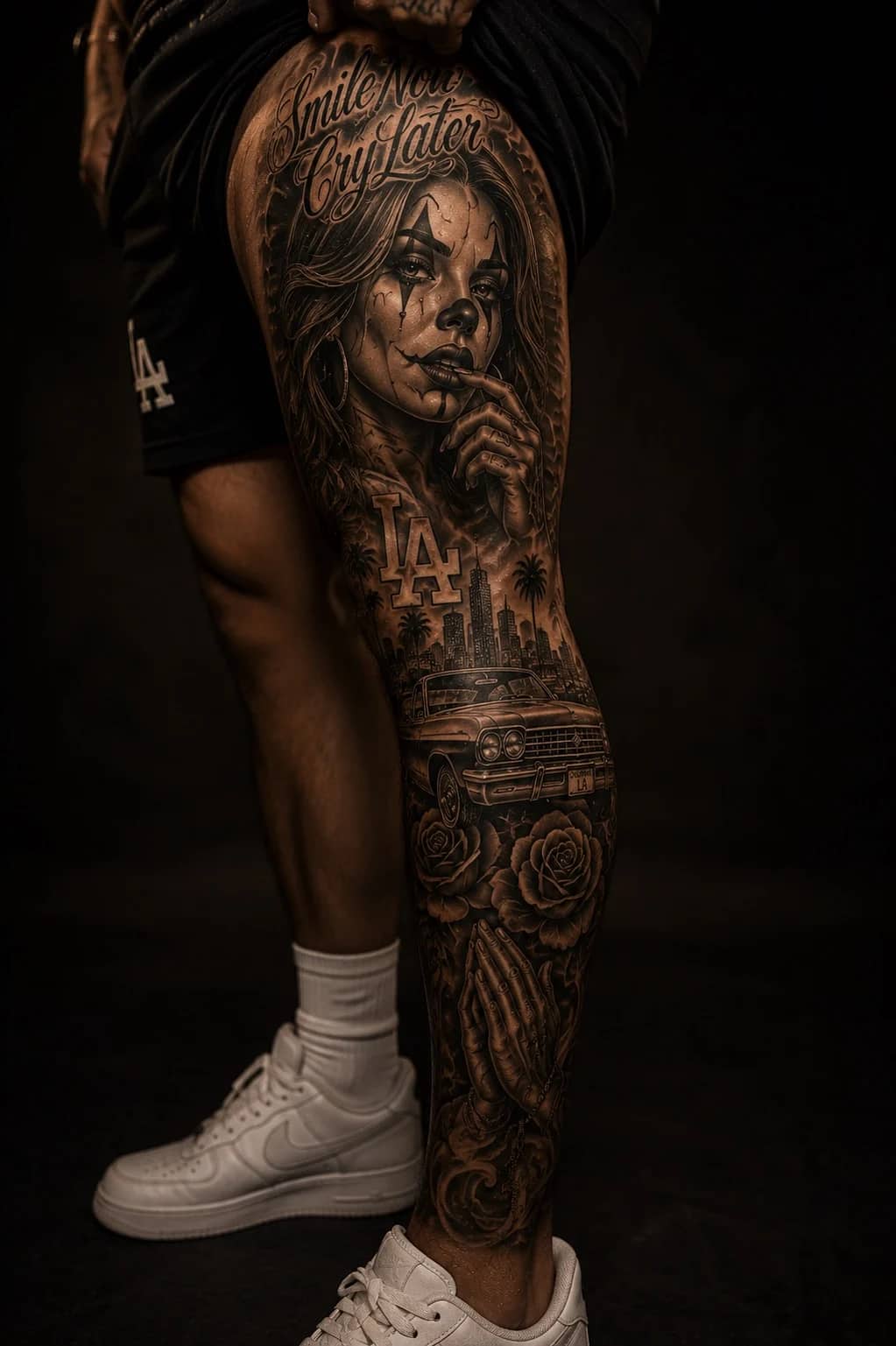 Chicano leg sleeve with Smile Now Cry Later, payasa, LA skyline, lowrider, roses, and praying hands at Bloodline Tattoo Phuket