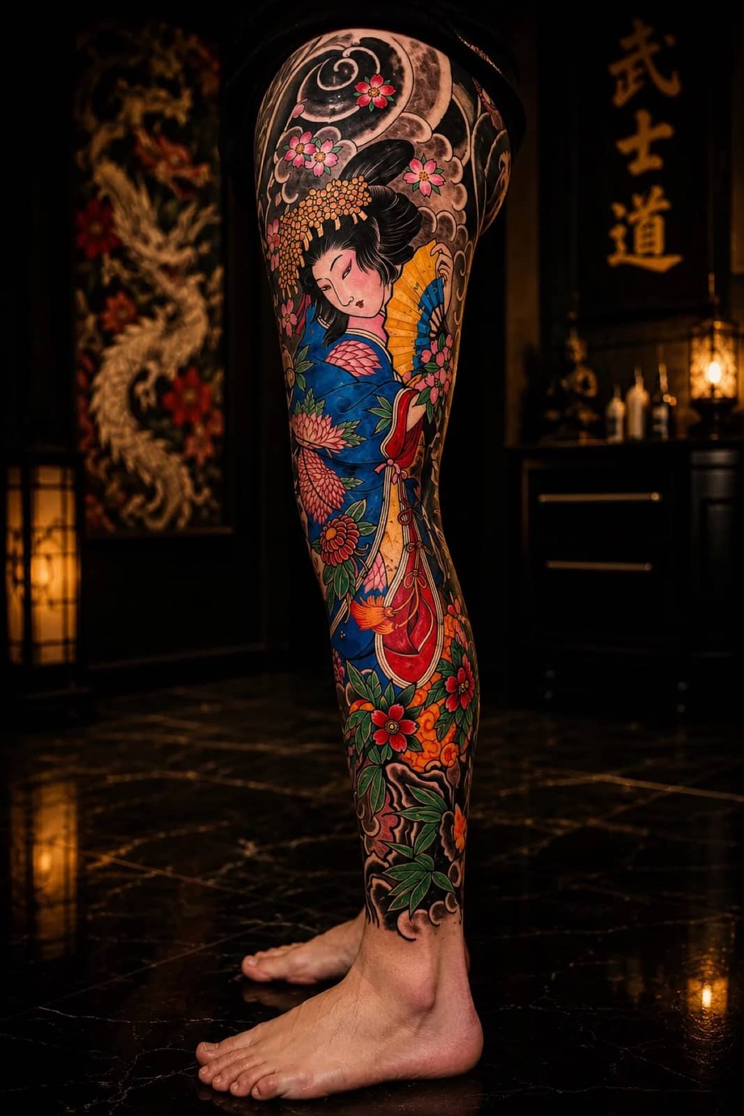Japanese colour leg sleeve with geisha in blue kimono, chrysanthemums, and wind bars at Bloodline Tattoo Phuket