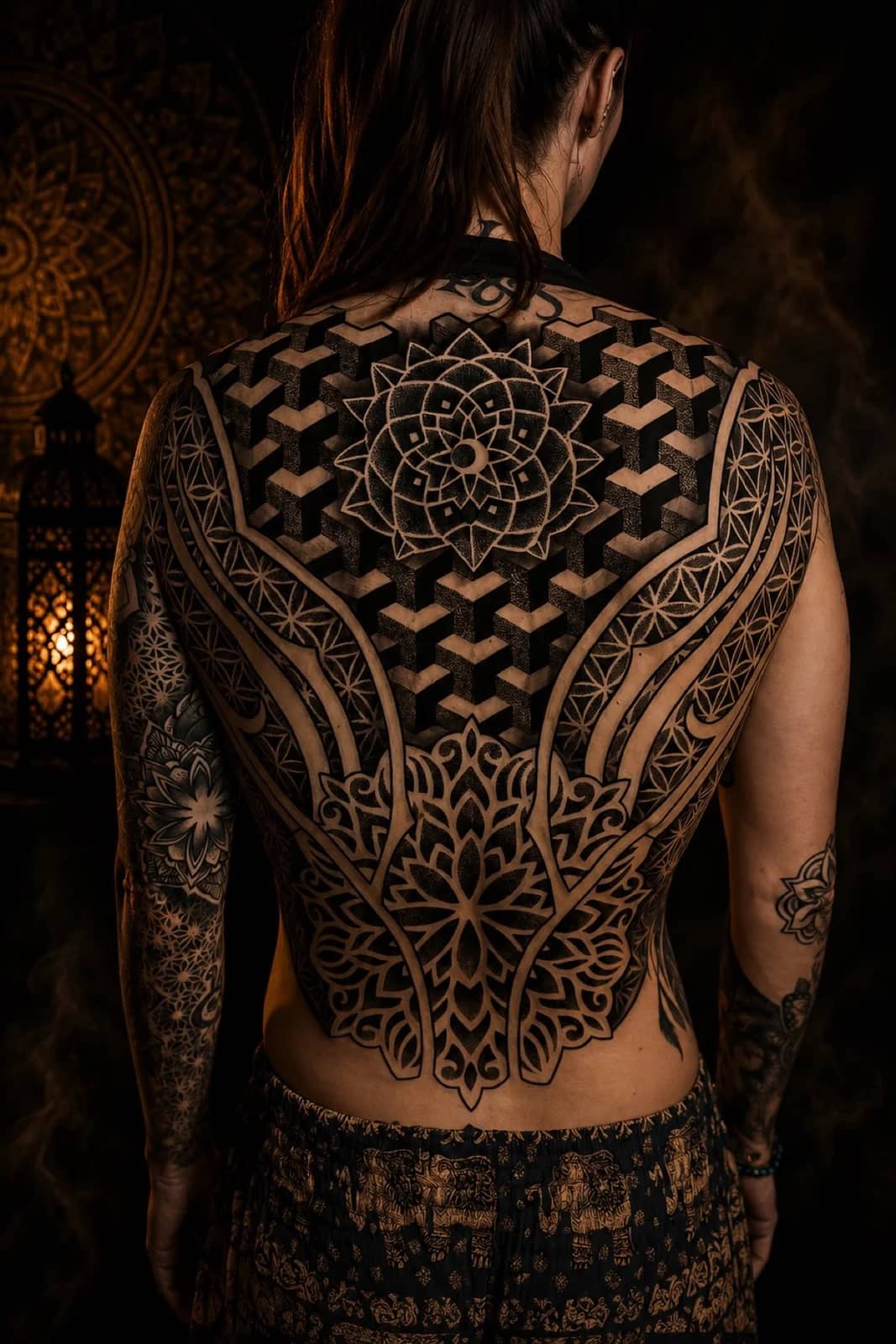 Mandala tattoo with symmetrical linework and controlled negative space at Bloodline Tattoo Phuket