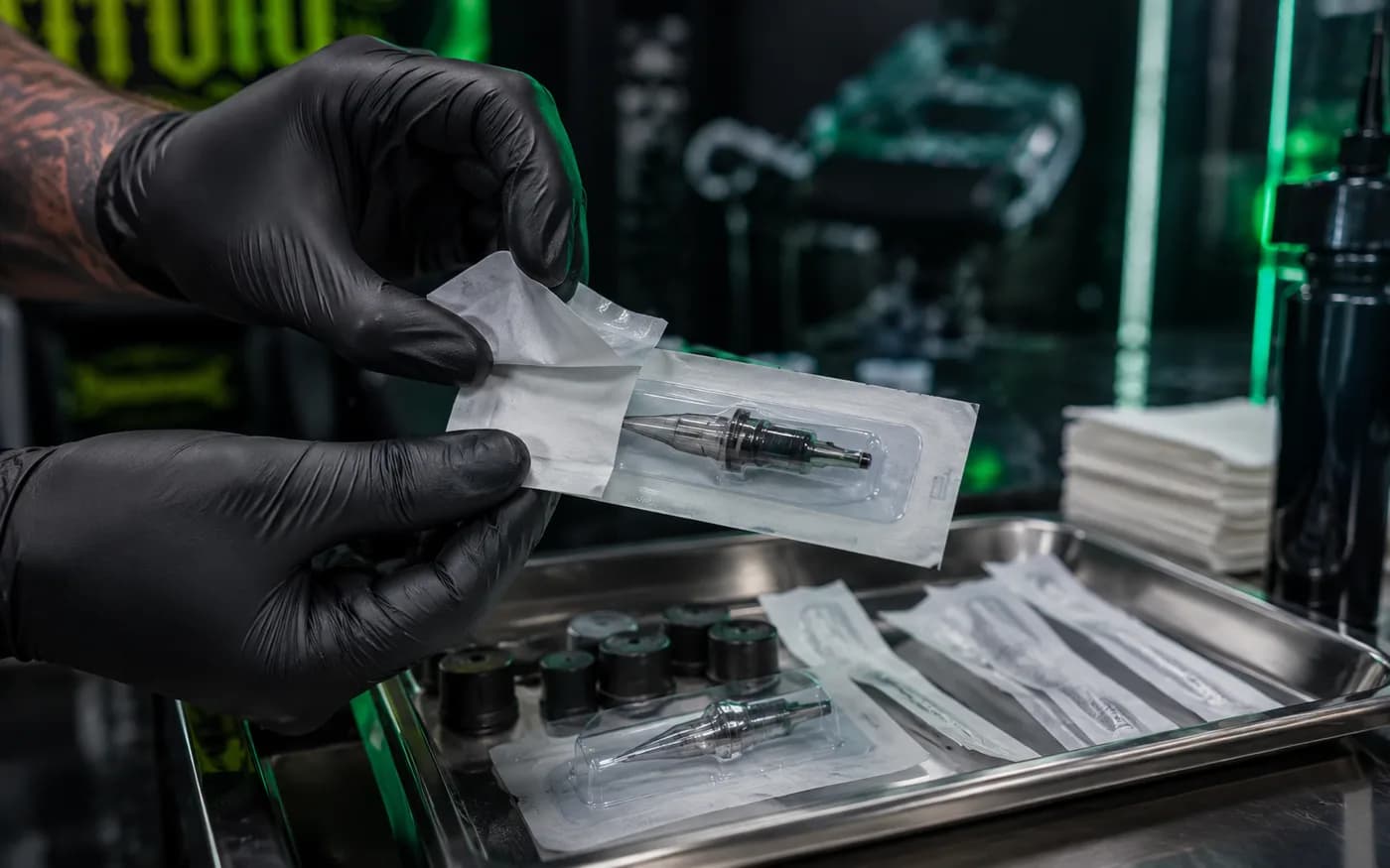 Single use sterilised tattoo needles in a Phuket studio