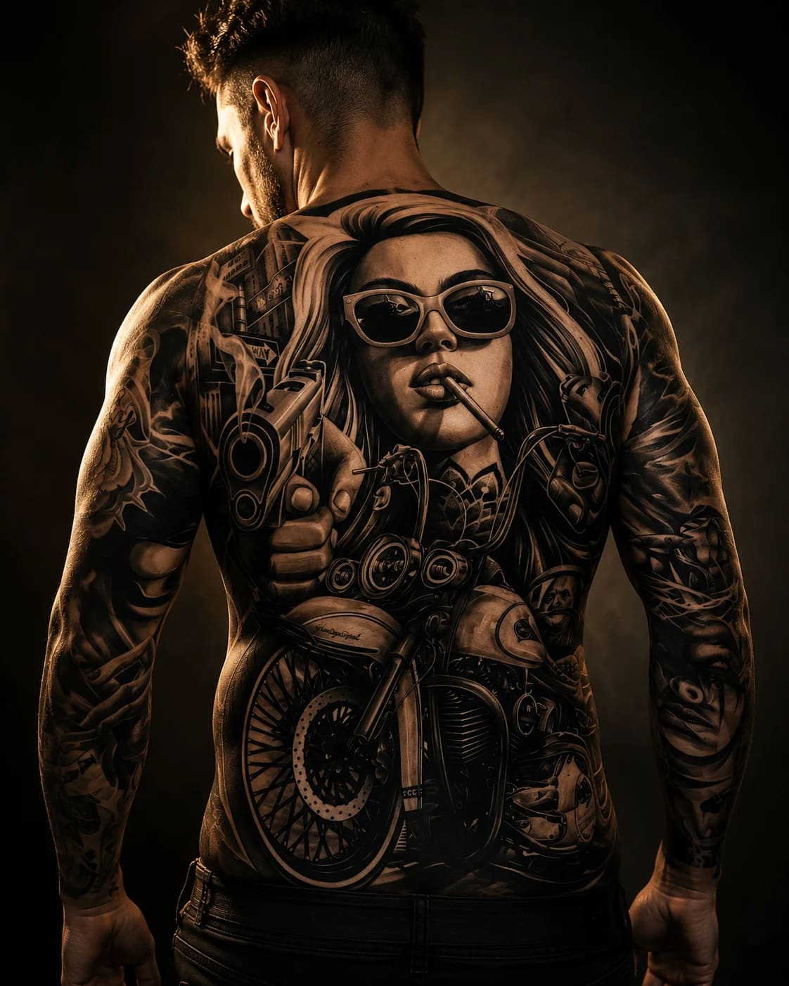 Black and grey realism angel back tattoo with sword, roses, and classical columns at Bloodline Tattoo Phuket