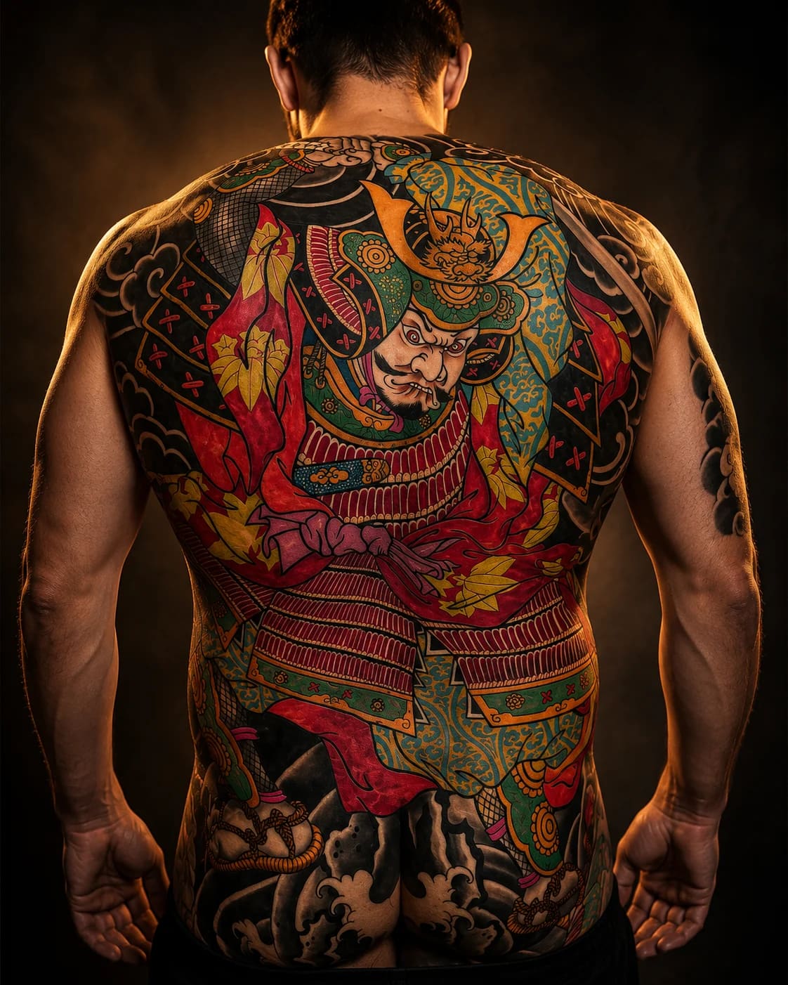 Black and grey realism angel full back tattoo with cathedral columns in a cinematic studio at Bloodline Tattoo Phuket