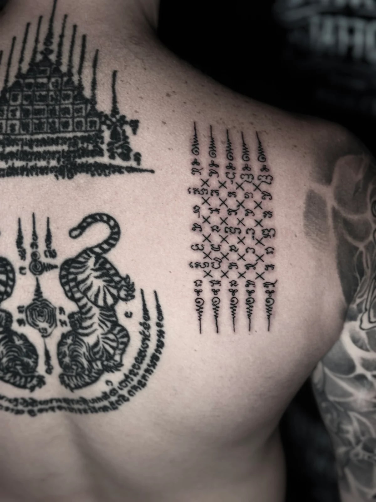 Close-up Hah Taew (Five Lines) Sak Yant on the right shoulder blade with Gao Yord and Suea Koo designs on the upper back at Bloodline Tattoo Phuket.