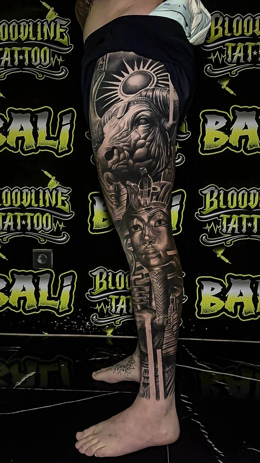 Healed black-and-grey leg sleeve with a ram-headed Egyptian portrait, pharaoh face, and monument forms, finished with smooth healed shading at Bloodline Tattoo Bali.