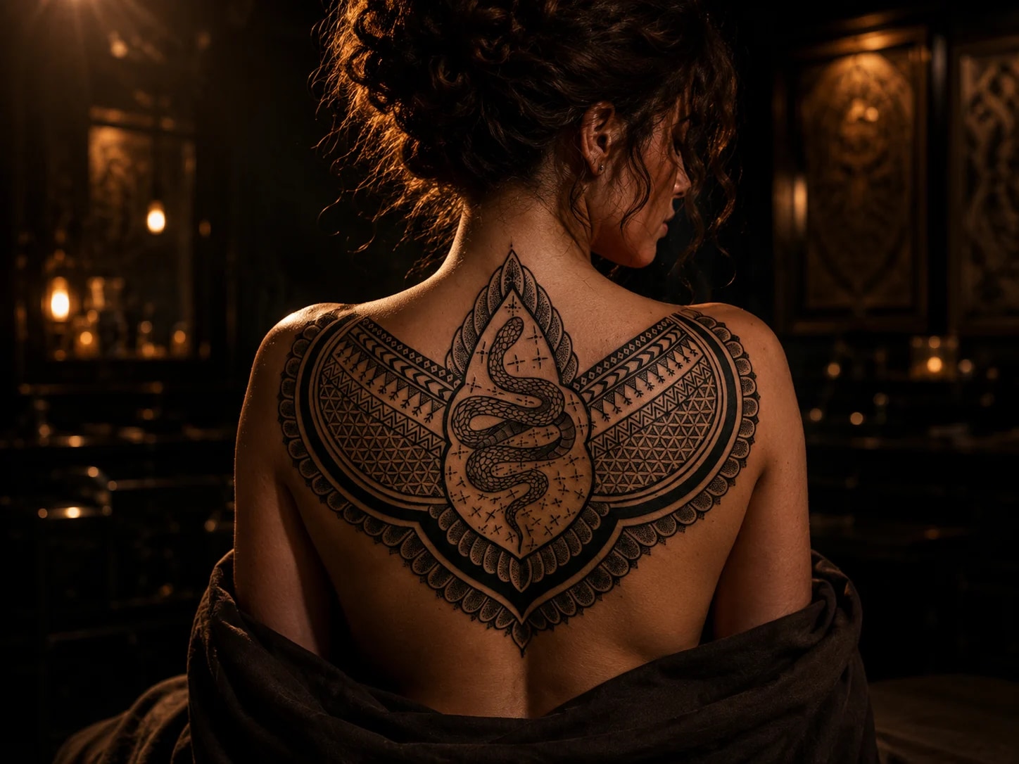 Black and grey realism angel full back tattoo with cathedral columns in a cinematic studio at Bloodline Tattoo Phuket
