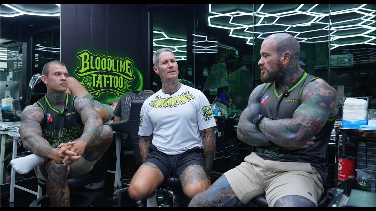 Still from Bloodline Tattoo’s studio story film — founders and artists seated in the Phuket studio