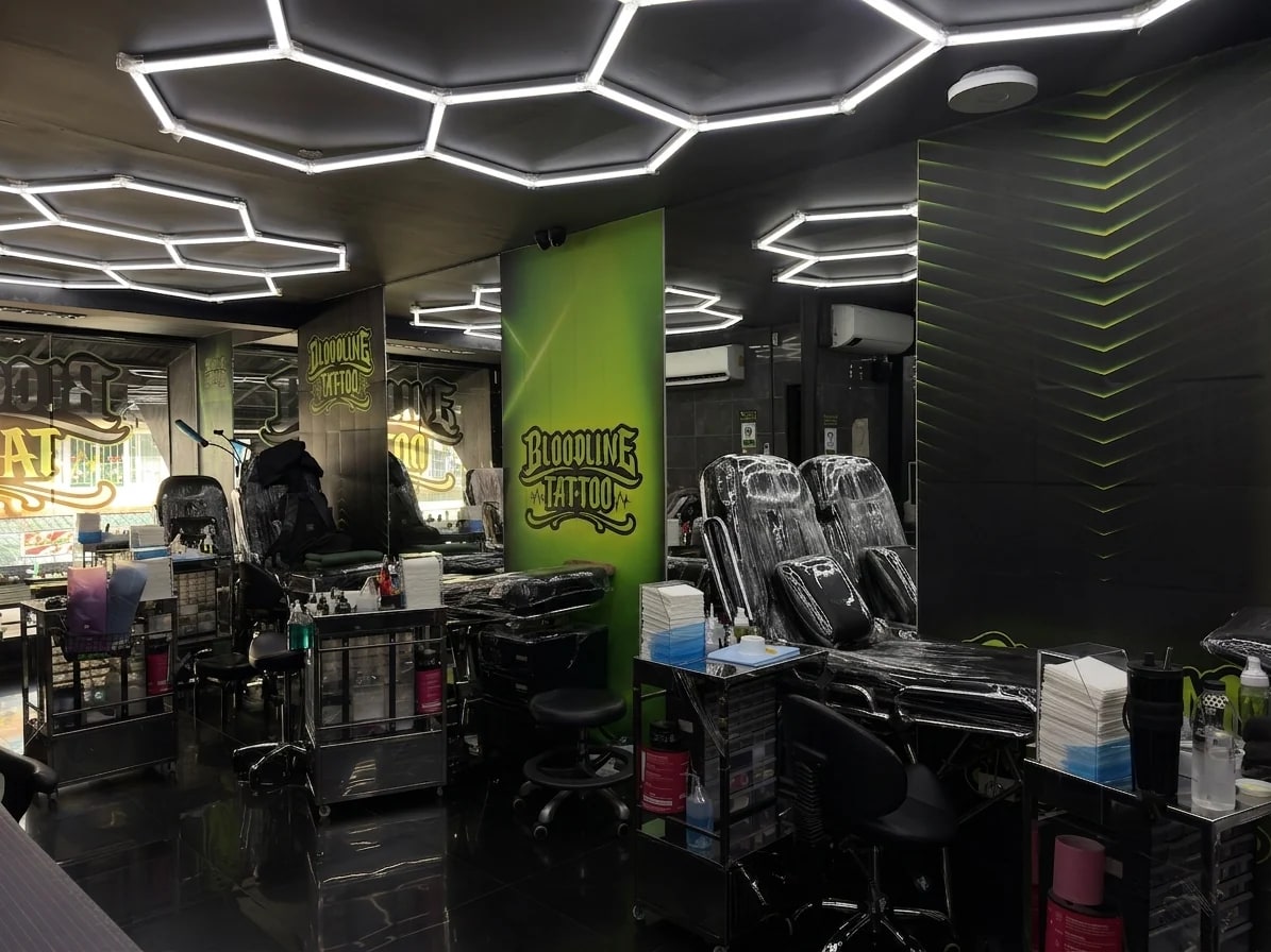 Bloodline Tattoo Phuket studio floor showing multiple clean workstations and equipment