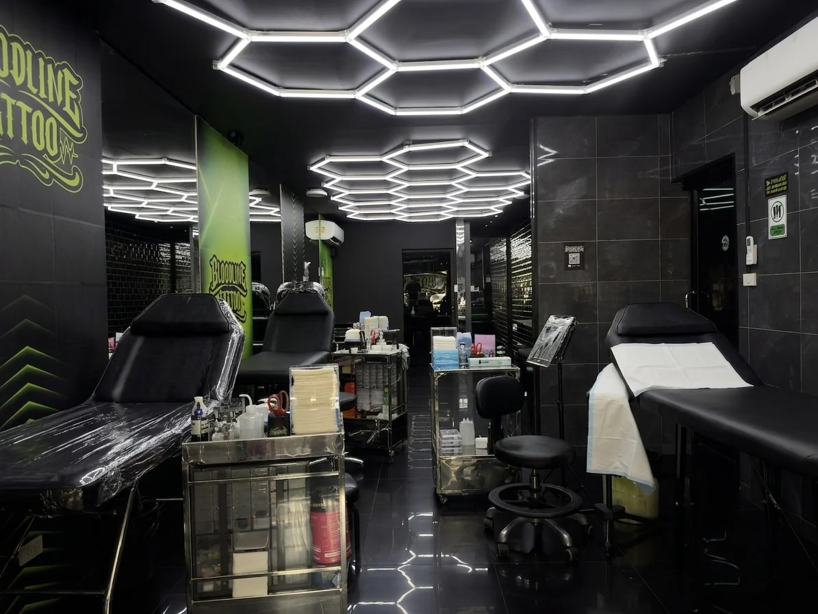 Professional tattoo studio in Phuket Thailand with quality equipment and hexagonal lighting