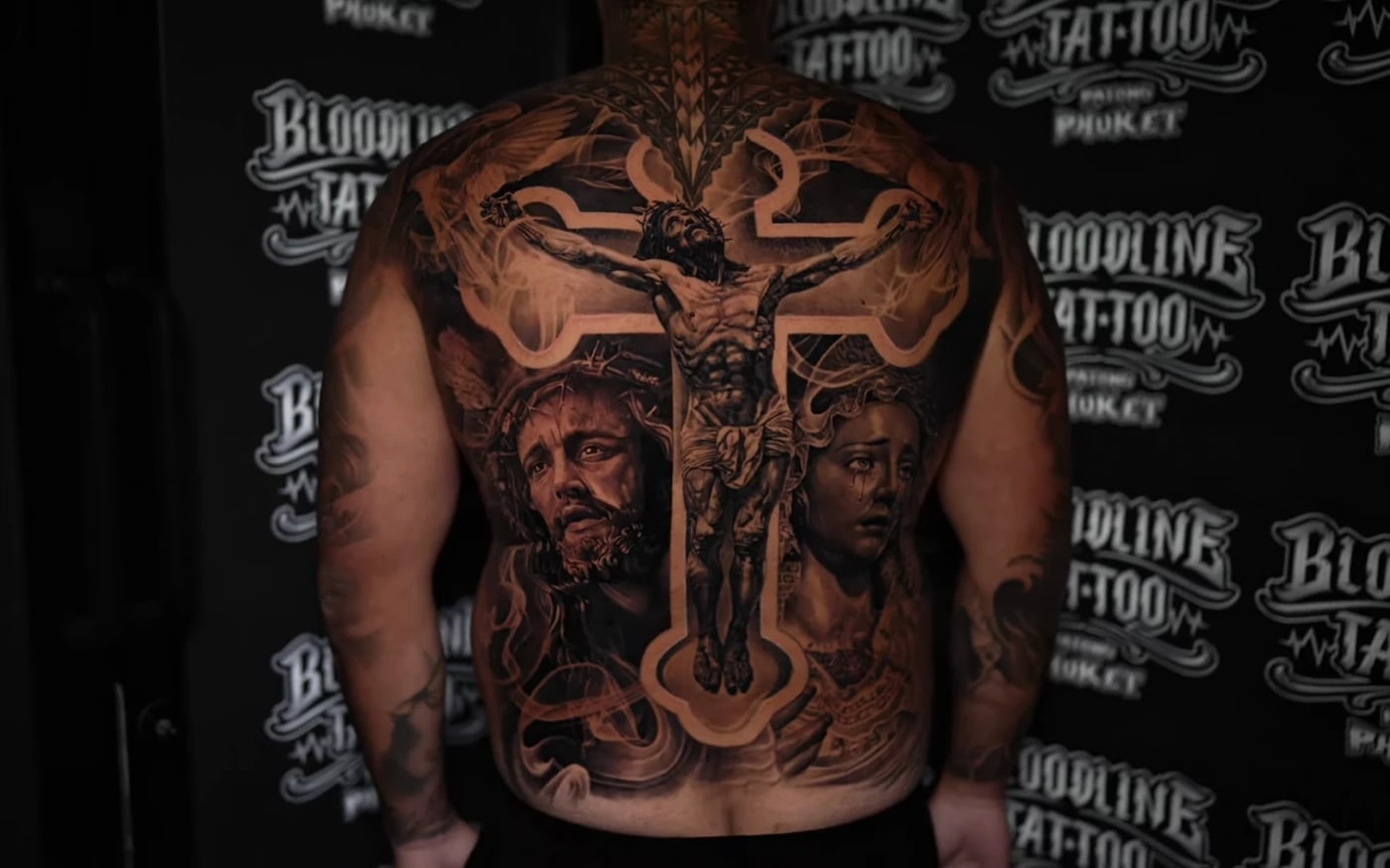 Finished large-scale black and grey back tattoo photographed at Bloodline Tattoo Patong Phuket