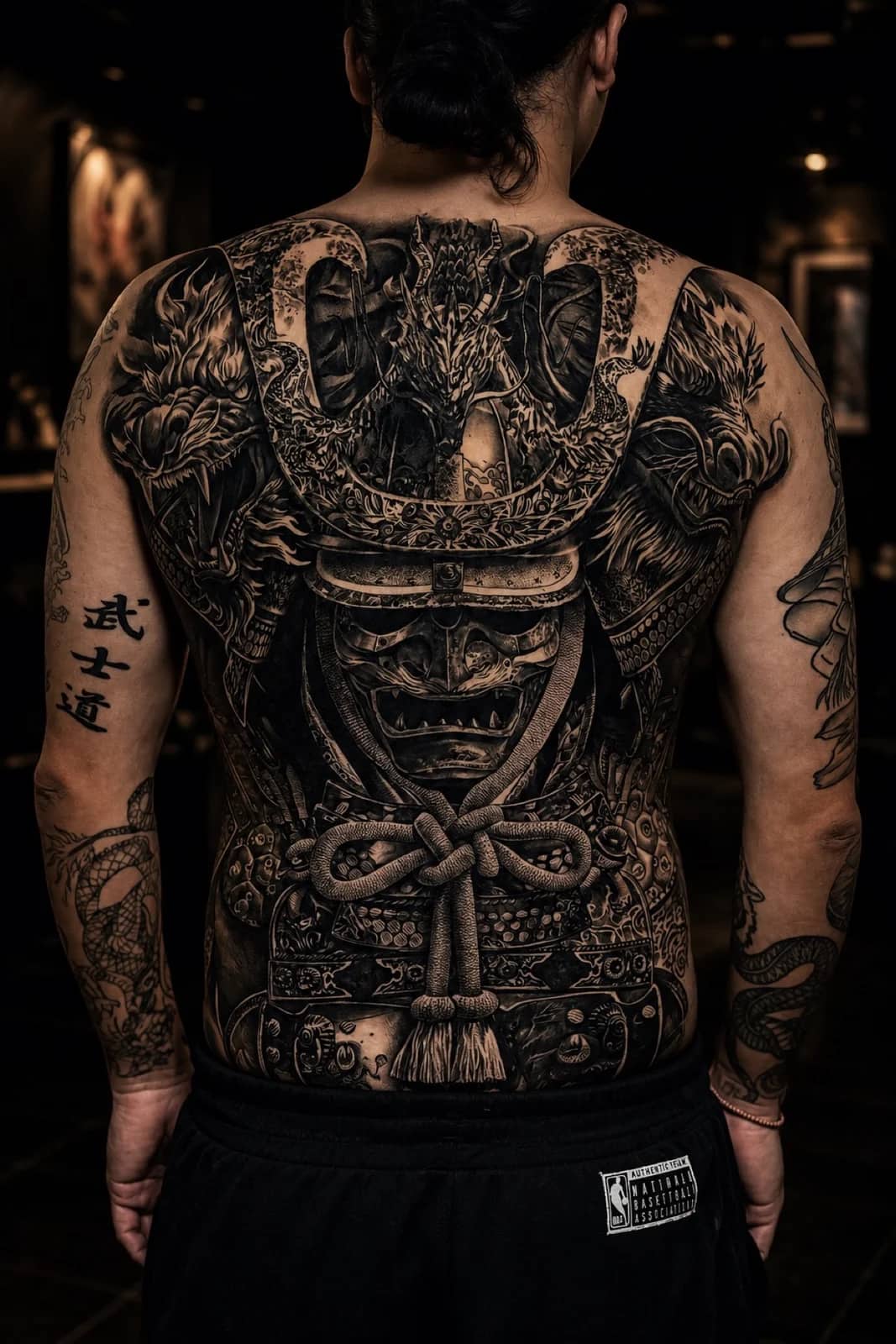 Japanese full-back kabuto with dragon crest, menpo, bushido kanji, and shoulder dragons at Bloodline Tattoo Phuket